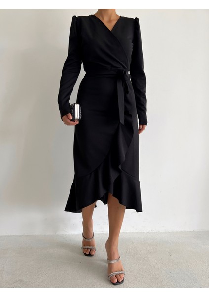 Krep Kumaş Midi Boy Kuşaklı Uzunkol Elbise 113 cm