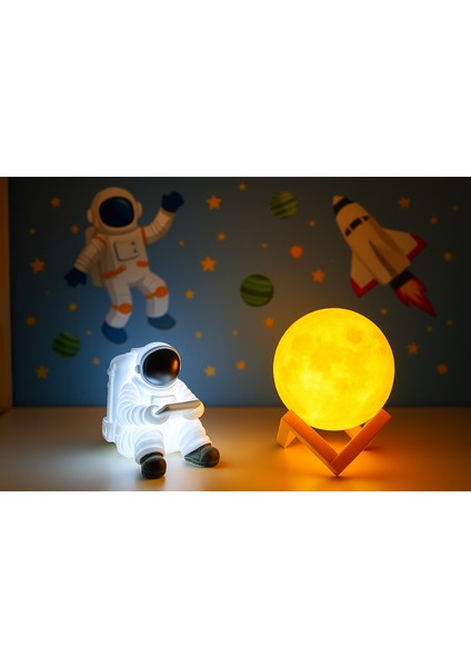 Oturan Astronot ve 3D Küre LED Gece Lambası Tabletli Astronot