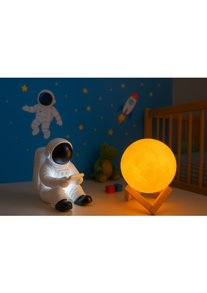 Oturan Astronot ve 3D Küre LED Gece Lambası Tabletli Astronot modelleri