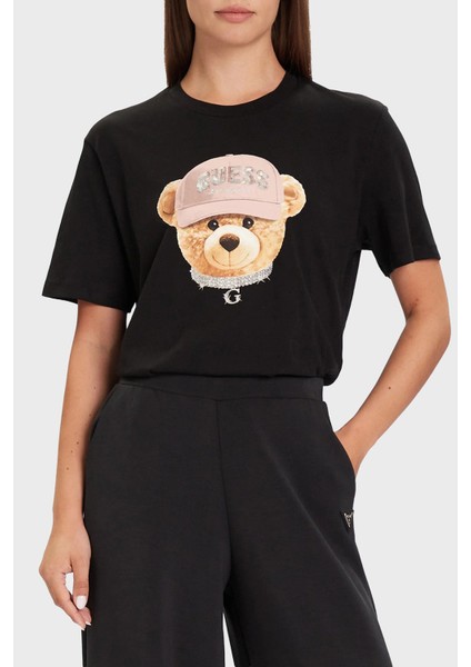Teddy Baskılı % 100 Pamuk Relaxed Fit Bisiklet Yaka T Shirt V5BI09I3Z14 Bayan T Shirt V5BI09 I3Z14 Jblk