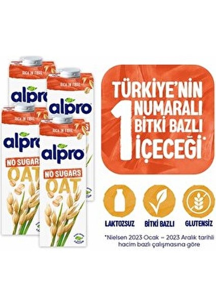 Şekersiz Yulaf Sütü 4x1L Bitki Bazlı Kalsiyum, Vitamin D, B2 ve B12 İçerir