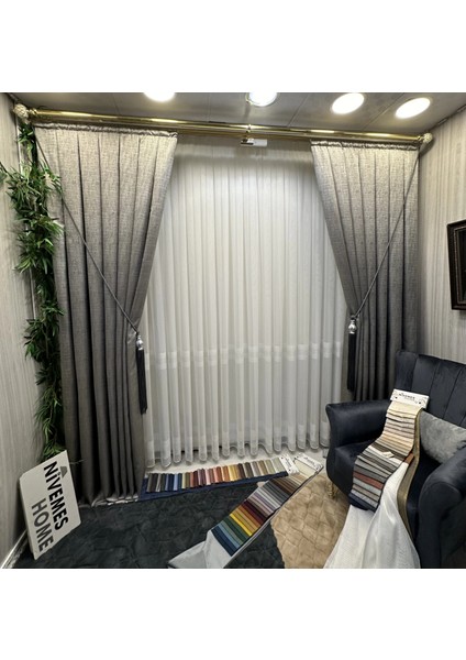 Nivemeshome Hercai HY019 Gümüş 1/2,5 Sık Pileli Tül Perde Apm