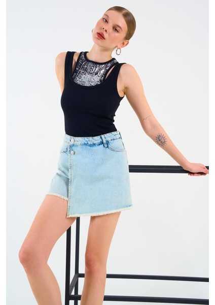 Içi Baskılı Halter Yaka Kaşkorse Atlet - Siyah