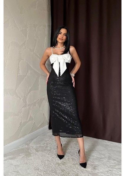 Siyah Önü Fiyonklu Garnili Elbise modelleri