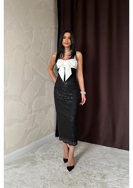 Siyah Önü Fiyonklu Garnili Elbise fırsatları