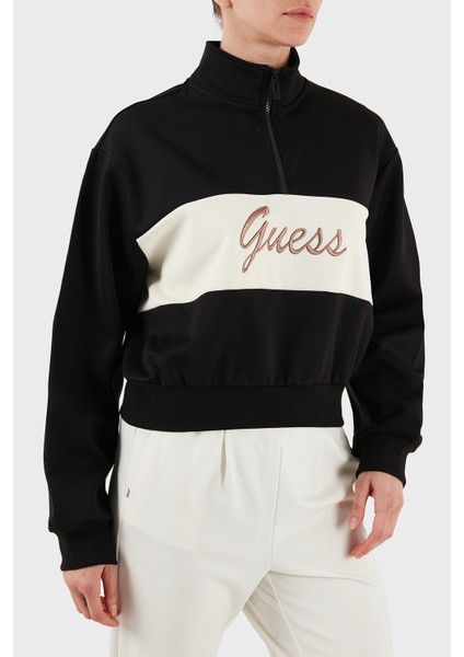 Fabia Streç Logolu Regular Fit Yarım Fermuarlı Dik Yaka Kısa Sweat V5BQ00KCX22 Bayan Sweat V5BQ00 KCX22 Jblk