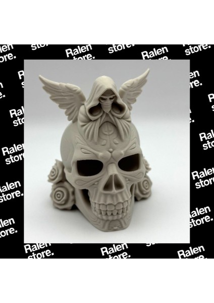 Mini Ölüm Meleği Temalı Kafatası Dekoratif Obje | 8cm | Bej Rengi | ( Yüksek Kalite 3D Baskı Pla )