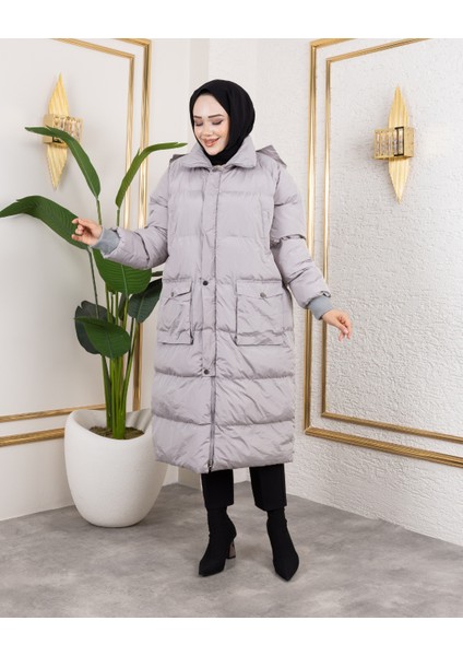 Kadın Kapüşonlu Fermuarlı Cepli Uzun Gri Mont modelleri