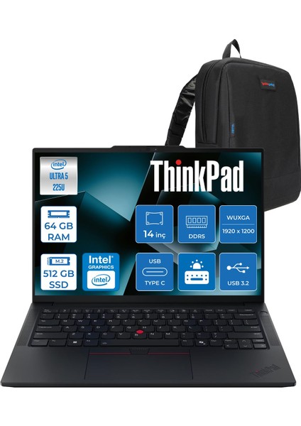 Thinkpad E14 Gen 7 Intel Core Ultra 5 225U 64GB Ddr5 512GB SSD Freedos Intel Aı Boost 14 Inç Wuxga (1920 x 1200) IPS 300NITS Taşınabilir Bilgisayar 21SX007DTXF27 + Zetta Çanta