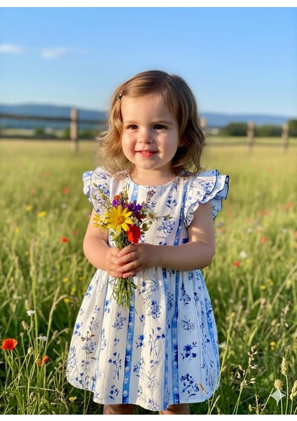 Kız Çocuk Mavi Beyaz Çiçekli Arkası Düğmeli Kolları Fırfırlı Beli Lastikli Pamuklu Dokuma Elbise