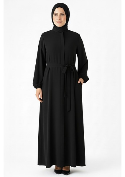 Medine Ipeği Mevlana Kesim Cepli Kuşaklı Bol Ferace Siyah modelleri