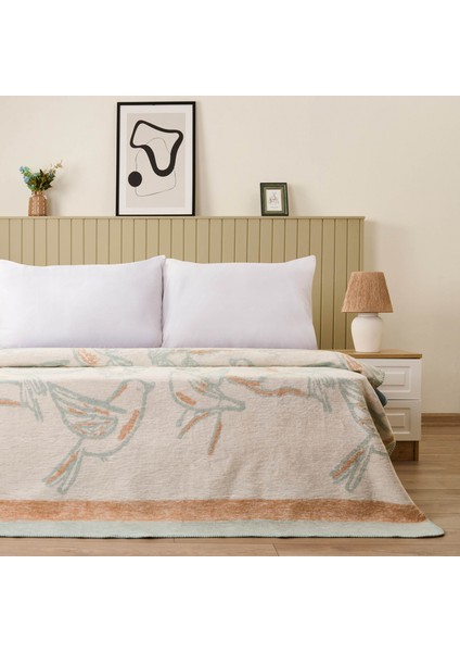 Soft Nava Pamuklu Çift Kişilik Battaniye - Ekru / Yeşil - 200X220 cm