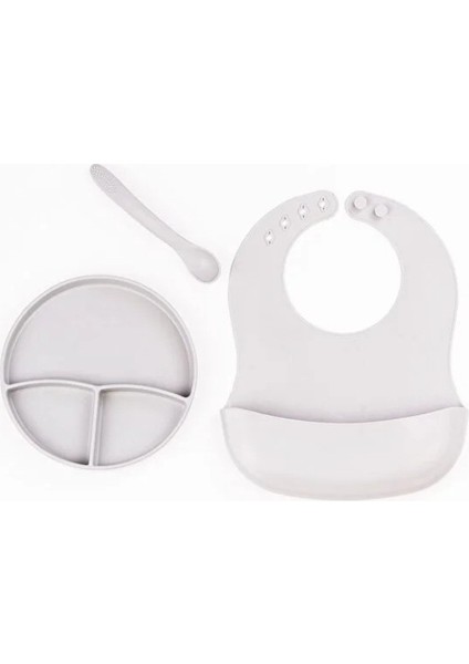 Gri 3 Lü Silikon Yemek Seti - Önlük + Diş Kaşıyıcılı Kaşık + Vakumlu Tabak