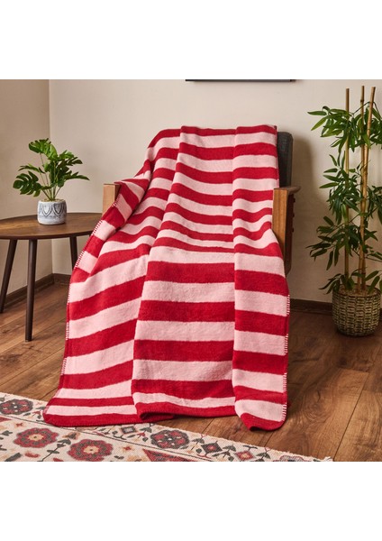 Soft Çizgili Pamuklu Tv Battaniyesi - Pembe / Kırmızı - 130X170 cm