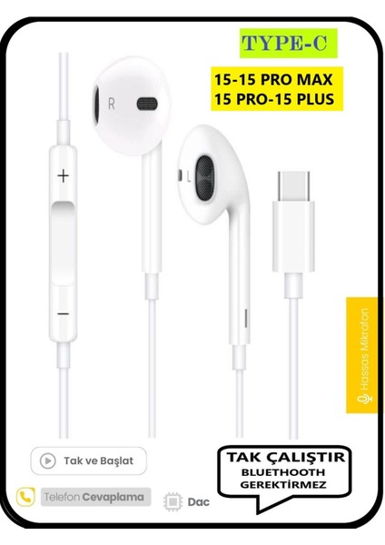 Iphone 16 16 Pro 16 Max 15 15 Pro 15 Pro Max Kulaklık Type C Uyumlu Kulaklık Kablolu Tak Çalıştır