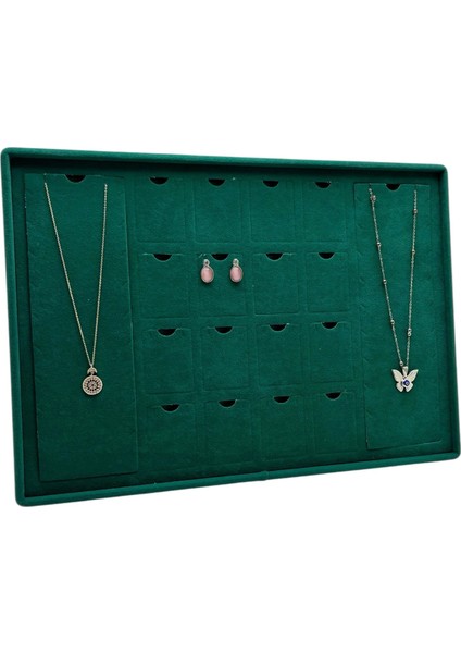 Süet Kumaş Yeşil 34-24 cm Ayaklı 18 Pedli Kolye Tabla Stand