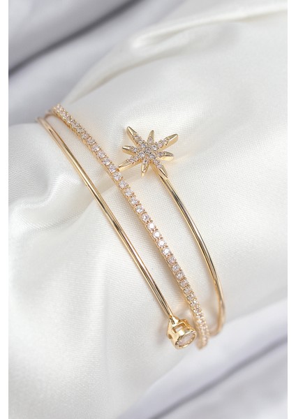 Pirinç Zirkon Taşlı Kutup Yıldızı Model Gold Renk Kadın Bileklik TG27BB7887