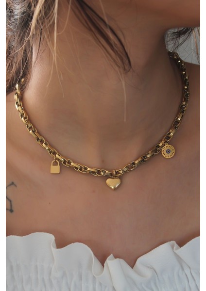 Çelik Gold Renk Kalın Zincir Model Kalp Figür Kadın Kolye TG27BKO6898