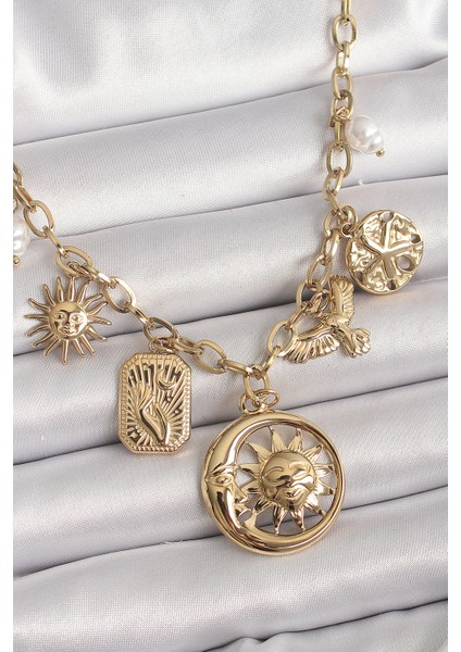 316L Çelik Gold Renk Halka Zincir Sallantı Ay Güneş Figür Kuş Detay Kadın Kolye TG27BKO9850