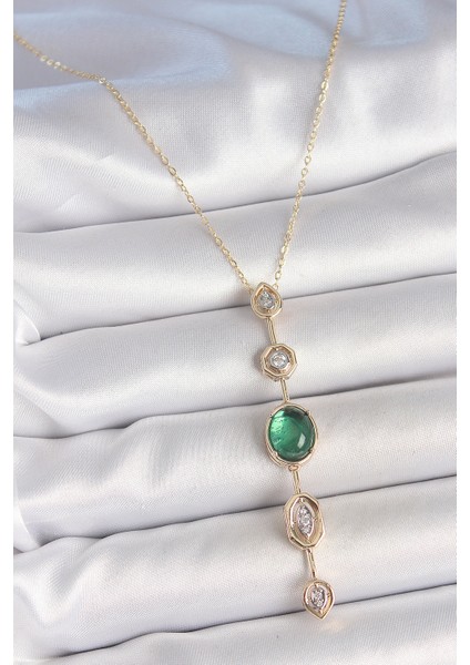 Pirinç Zincir Zümrüt Yeşil Gold Renk Zirkon Taşlı Y Kolye TG27BKO10229