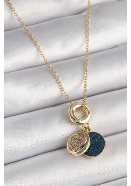 316L Çelik Gold Renk Zincir Zirkon Taşlı Kalp Model Mavi Simli Kadın Kolye TG27BKO9640