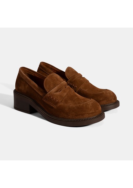 Kadın Taba Topuklu Süet Loafer
