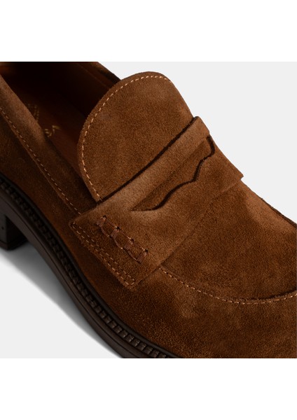 Kadın Taba Topuklu Süet Loafer