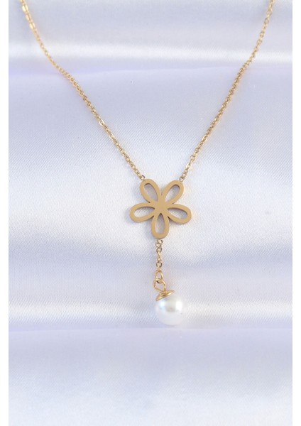 316L Çelik Zincir Gold Renk Inci Detay Çiçek Kolye TG27BKO8730