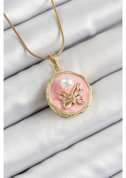 316L Çelik Zincir Zirkon Taşlı Pembe Sanatsal Portre Inci Detaylı Kelebek Model Gold Renk Kadın Kolye TG27BKO10276