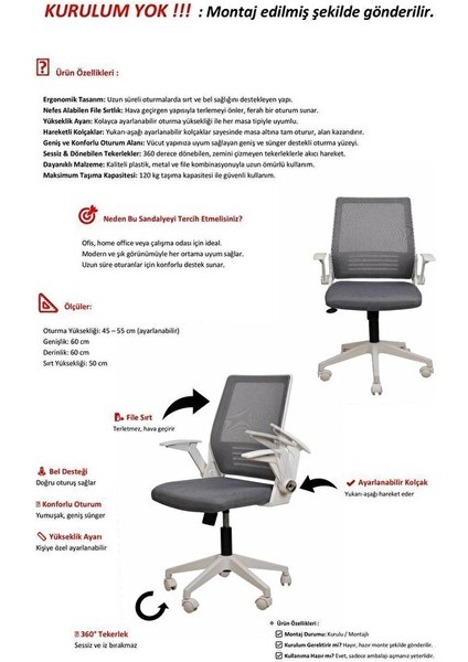 Katlanır Kollu Çalışma Sandalyesi MONTAJLI | Ofis ve Bilgisayar Koltuğu | Beyaz Kol Antrasit Kumaş modelleri