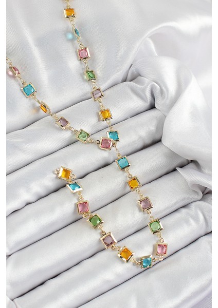 Pirinç Asorti Kare Model Gold Renk Zirkon Taşlı Y Kolye TG27BKO10253