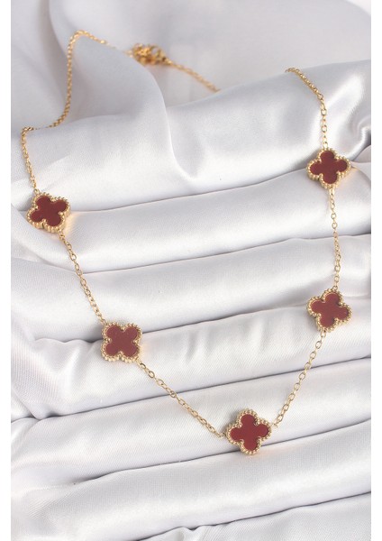 316L Çelik Gold Renk Zincir Bordo Yonca Model Kadın Kolye TG27BKO9926 fiyatları