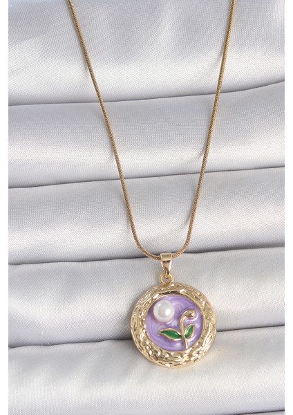 316L Çelik Gold Renk Zincir Mor Çiçek Işlemeli Inci Detay Potre Model Kadın Kolye TG27BKO10081