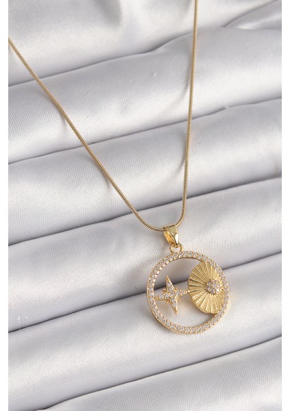 316L Çelik Gold Renk Zincir Zirkon Taşlı Yıldız Işleme Madalyon Model Kadın Kolye TG27BKO9636