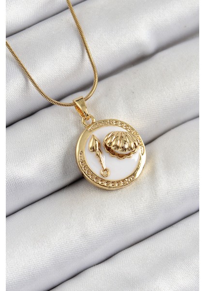 316L Çelik Zincir Beyaz Mineli Sanatsal Portre Istiridye Model Gold Renk Kadın Kolye TG27BKO10267