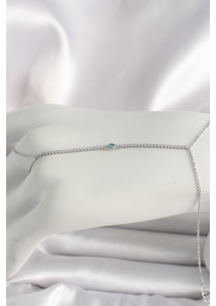 Pirinç Gümüş Renk Su Yolu Zirkon Taşlı Mavi Taş Detaylı Kadın Şahmeran TG27SN620