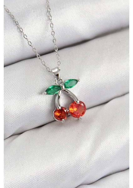 Pirinç Zirkon Taşlı Kiraz Model Gümüş Renk Kadın Kolye TG27BKO10421