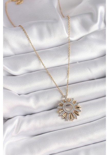 316L Çelik Gold Renk Zincir Zirkon Taşlı Mix Renk Güneş Model Kadın Kolye TG27BKO9477 fiyatları