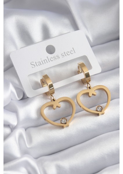 316L Çelik Gold Renk Kalp Model Zirkon Taş Detay Kadın Küpe TG27BKP8120