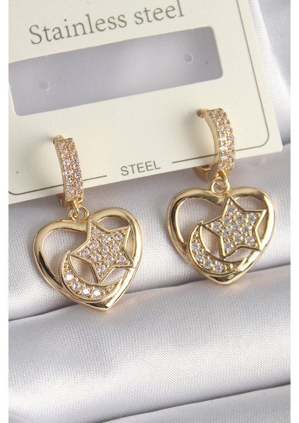 Pirinç Gold Renk Zirkon Taşlı Kalp Model Ay Yıldız Işleme Kadın Küpe TG27BKP9737