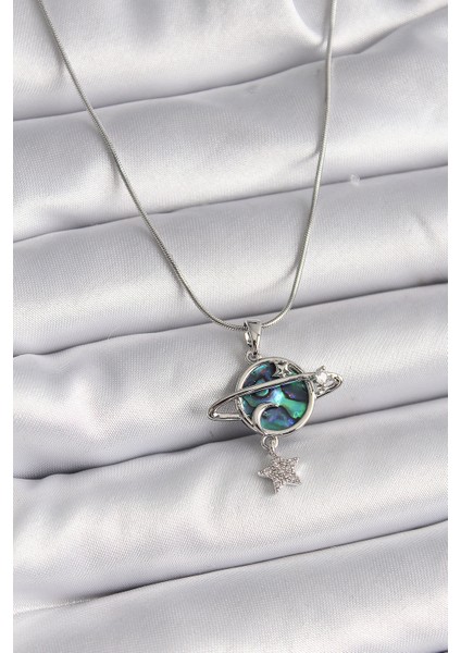 316L Çelik Gümüş Renk Zincir Zirkon Taşlı Gezegen Model Kadın Kolye TG27BKO9478