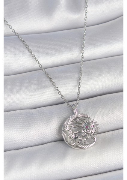 316L Çelik Gümüş Renk Zincir Ay Güneş Model Zirkon Taş Detay Kadın Kolye TG27BKO10056