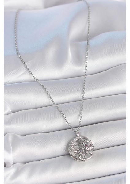 316L Çelik Gümüş Renk Zincir Ay Güneş Model Zirkon Taş Detay Kadın Kolye TG27BKO10056 fiyatları