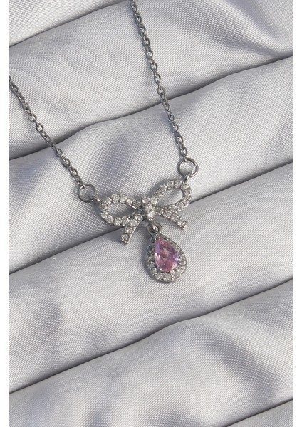 316L Çelik Gümüş Renk Fiyonk Detay Pembe Zirkon Taşlı Damla Kolye TG27BKO8921