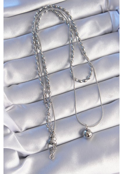 316L Çelik Çift Zincirli Gümüş Renk Topçuk Model Kolye TG27BKO8881 modelleri