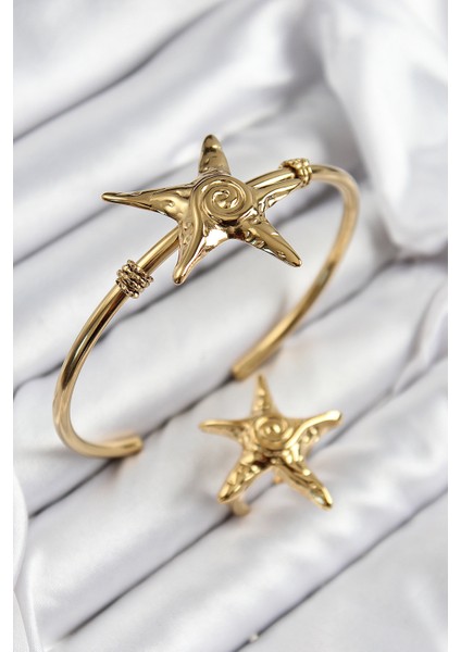 Pirinç Deniz Yıldızı Model Gold Renk Bileklik Yüzük Set TG27BB7600