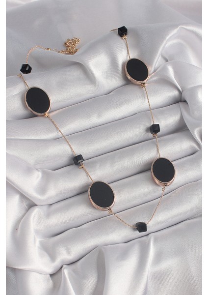 Pirinç Gold Renk Siyah Renk Oval Siyah Küp Detay Kadın Kolye TG27BKO9625 fiyatları