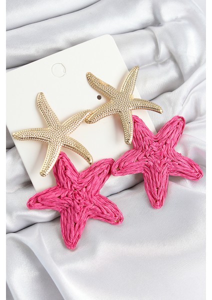 Pirinç Sallantılı Pembe Deniz Yıldızı Model Gold Renk Hasır Küpe TG27BKP11026