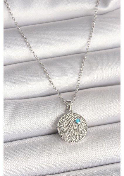 316L Çelik Gümüş Renk Zincir Zirkon Taşlı Mavi Taş Detaylı Madalyon Model Kadın Kolye TG27BKO9965