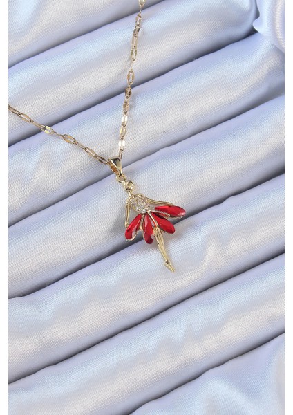 316L Çelik Zincir Altın Renk Kırmızı Etekli Zirkon Taşlı Balerin Kolye TG27BKO9099